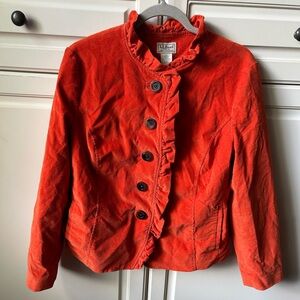 LL Bean corduroy jacket women’s orange ruffle detail stretch  12 petite no belt
